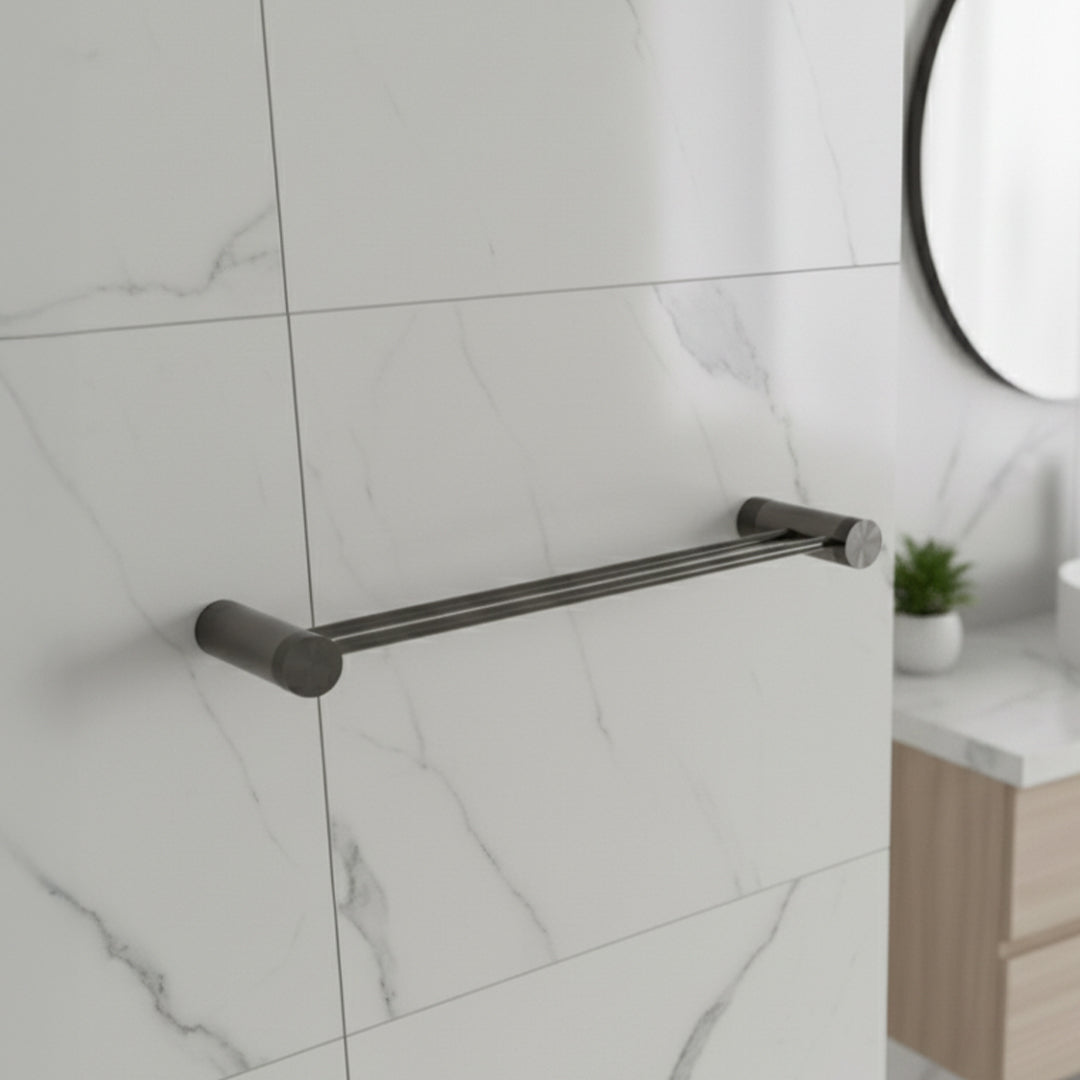 Double 60cm towel bar by BEACON, bathroom accessory in brushed finish, mounted on wall with towels hanging.