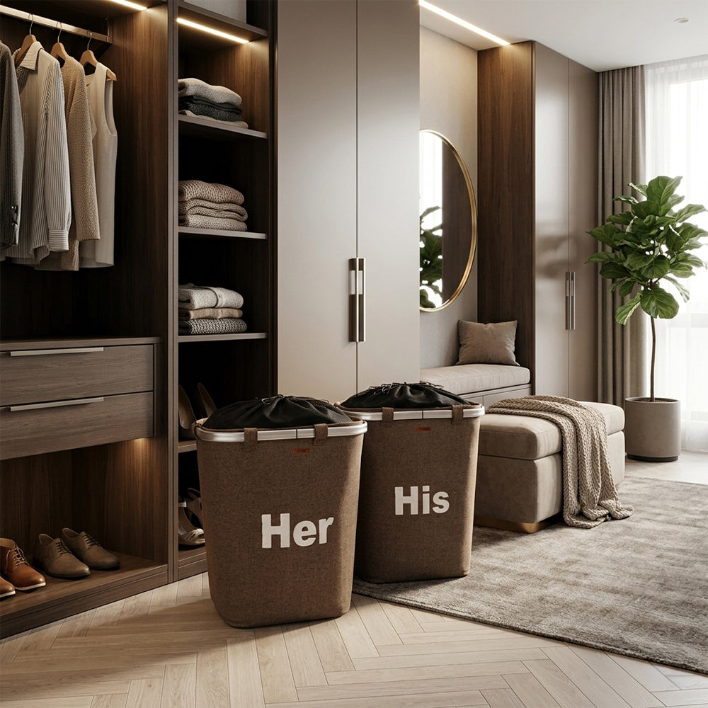 Brown rectangular laundry storage basket by BEACON, perfect for organizing clothes in a dressing room.