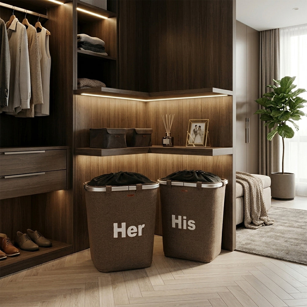 Her Terra brown rectangle laundry storage basket by BEACON, made of sturdy woven material, placed in a dressing room.