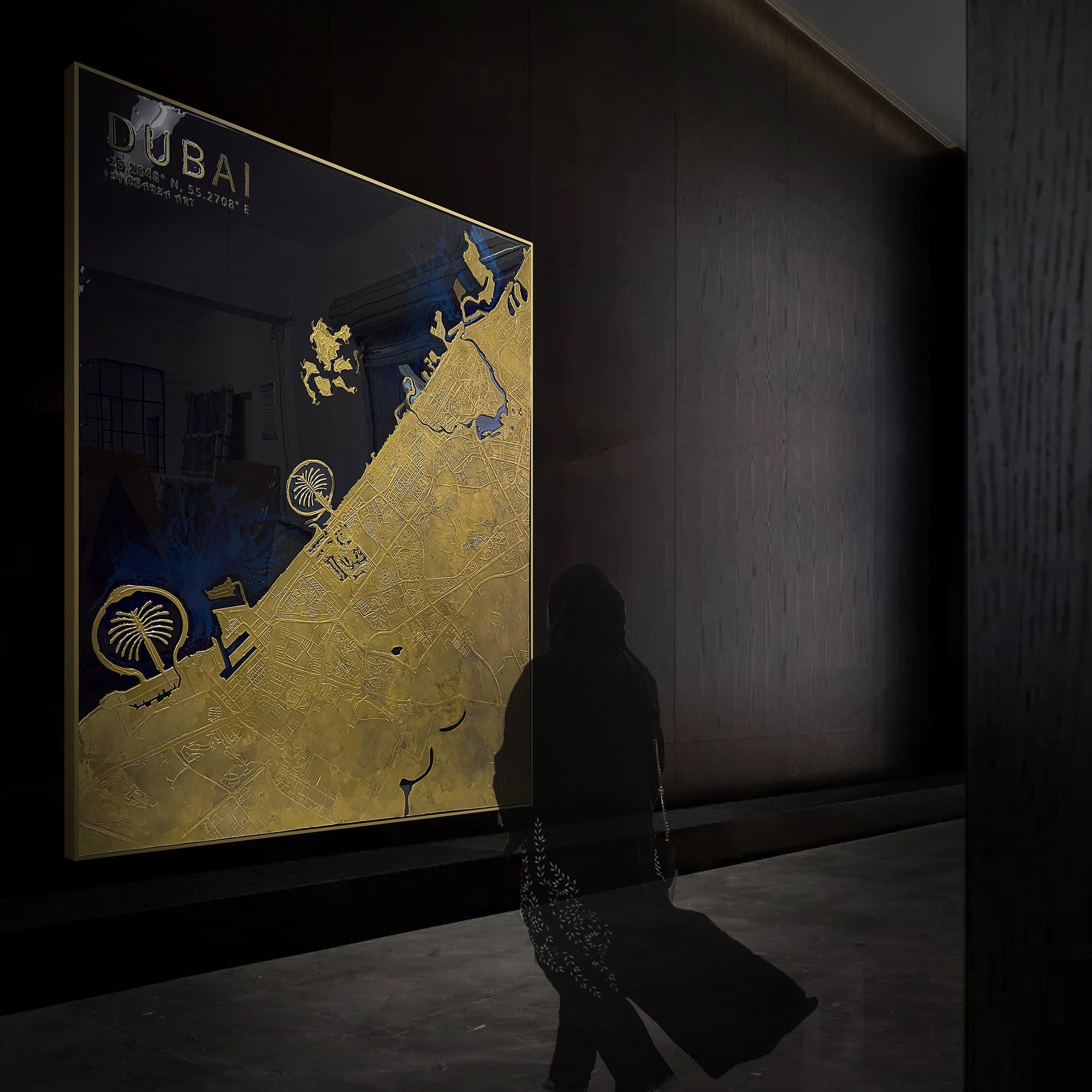 Handmade Dubai map painting in vibrant colors, measuring 140x170 cm, created by BEACON, perfect for wall decor.