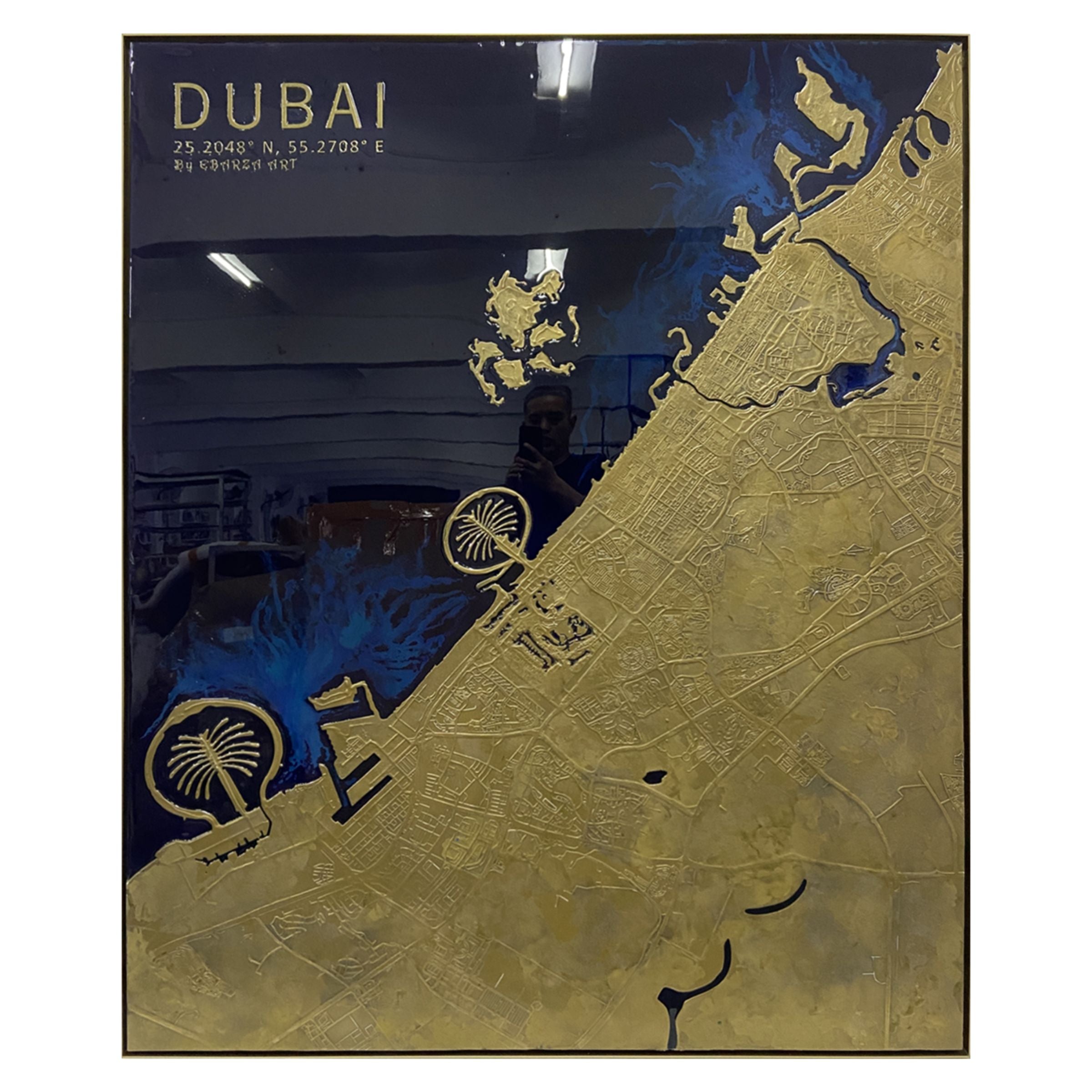 Handmade Dubai map painting by BEACON, 140x170 cm, detailed artwork on canvas showcasing Dubai landmarks.