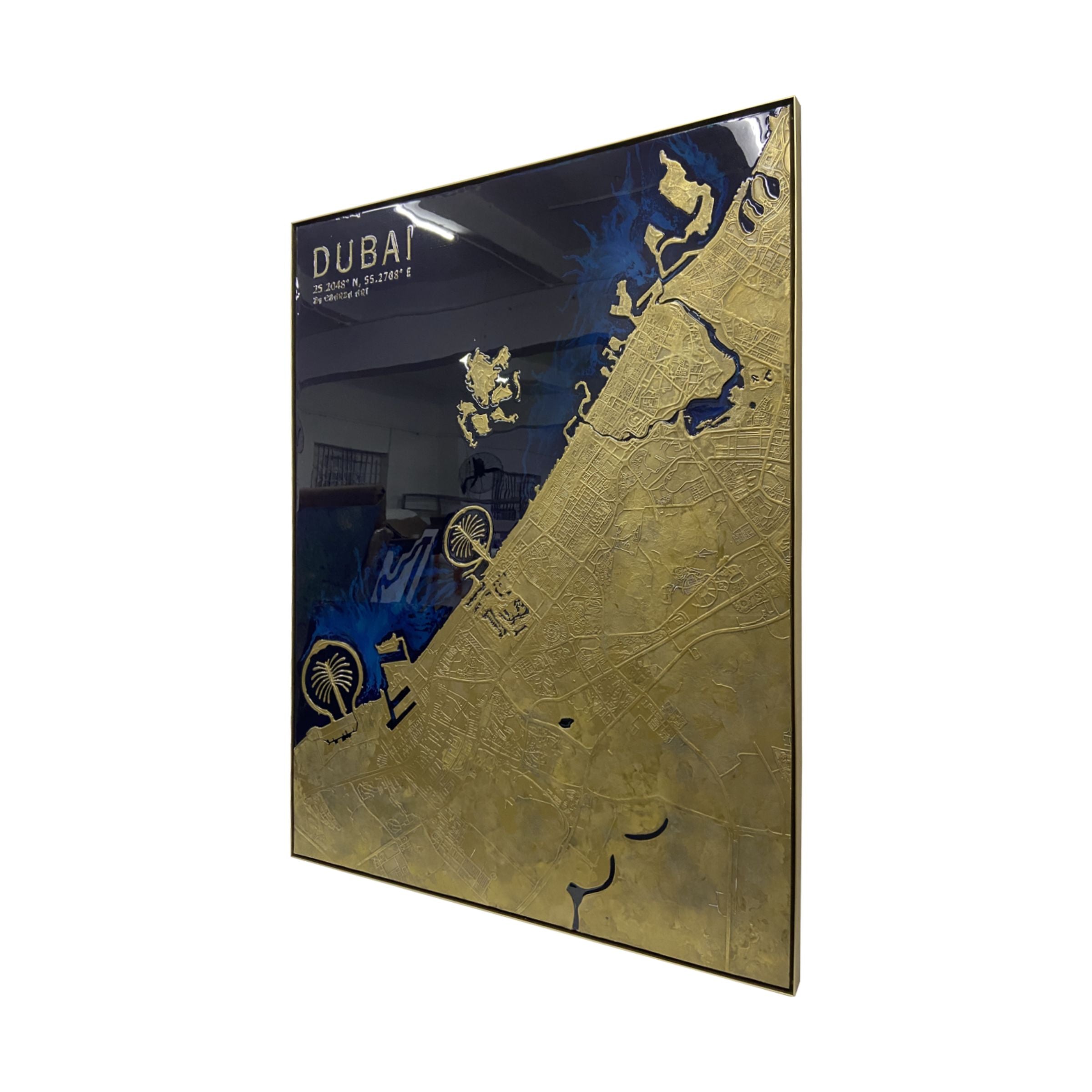 Handmade Dubai map painting by BEACON, 140x170 cm, featuring detailed cityscape artwork on canvas.