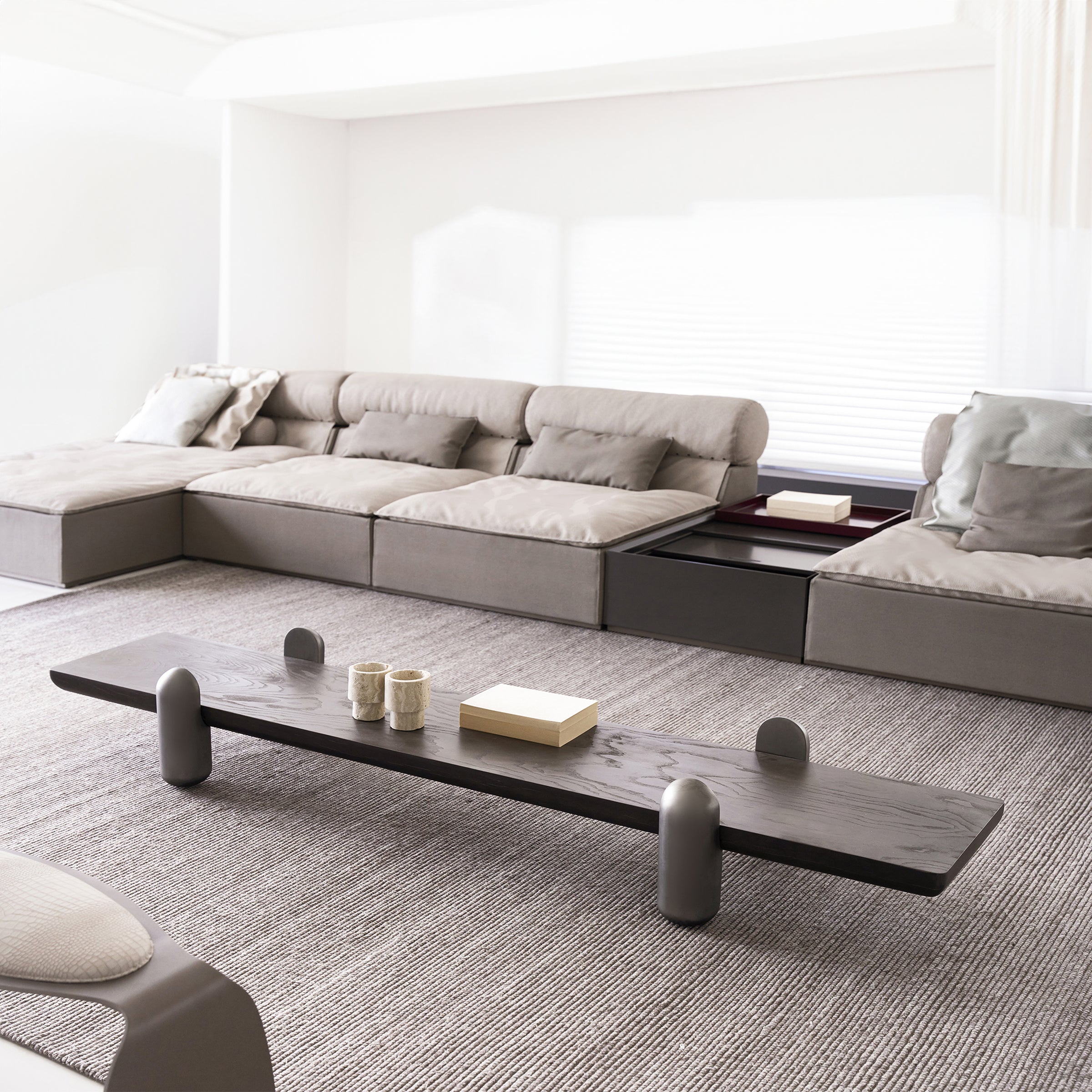 Modern Ebarza coffee table by BEACON with a sleek design, featuring a wooden top and metal legs, perfect for living room decor.