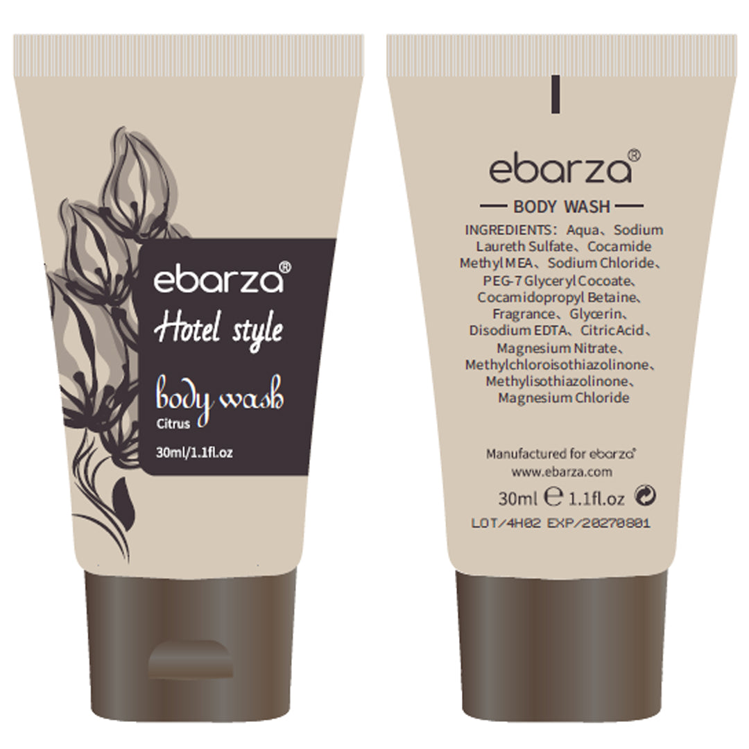 Ebarza Grapefruit Body Wash in 30ml bottle, featuring refreshing grapefruit scent and clear liquid inside the body wash container.