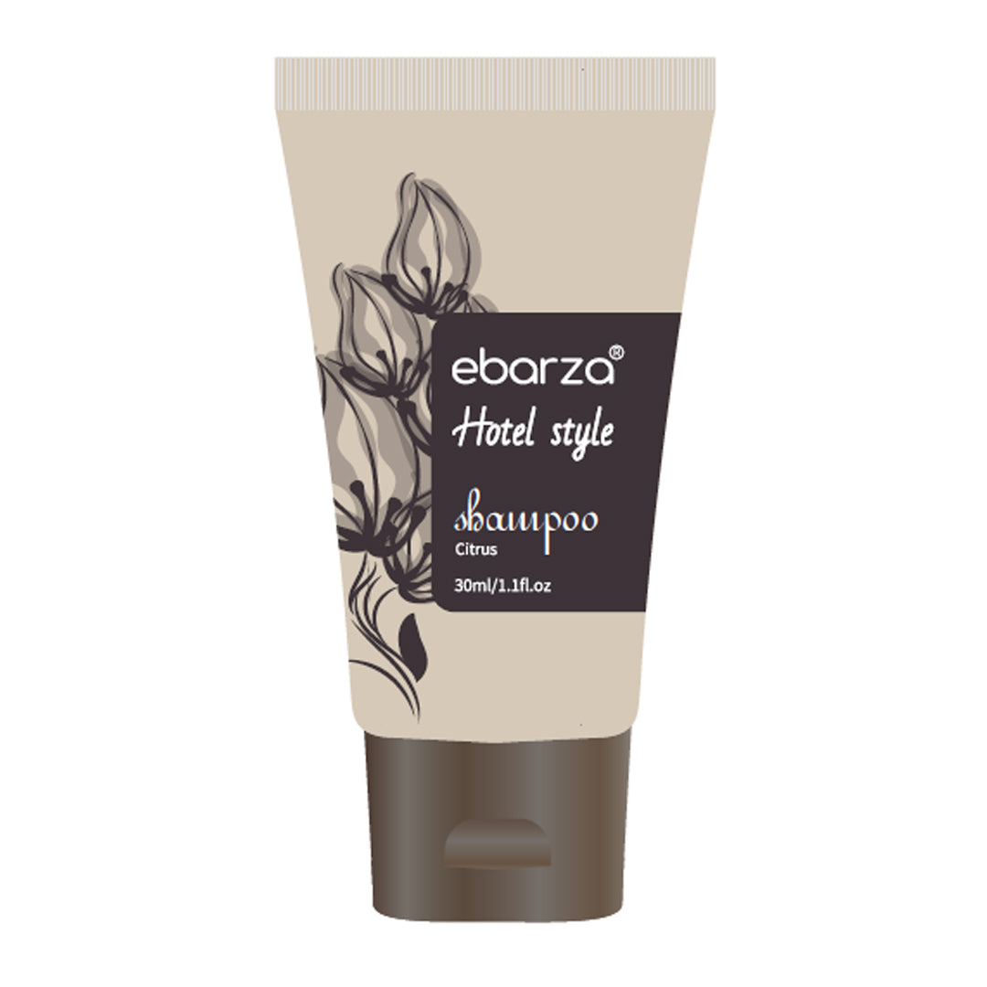Ebarza Grapefruit Shampoo 30ml in a clear bottle with a label featuring grapefruit images, designed for hair cleansing.