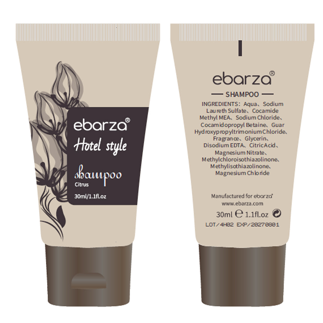 Ebarza Grapefruit Shampoo 30ml bottle, natural hair care product by BEACON, with vibrant grapefruit imagery on the label.