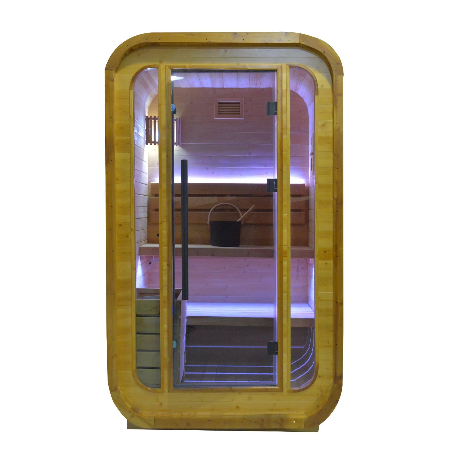 Indoor and outdoor sauna room by BEACON, LM-BR200TD model, showcasing the spacious, wooden interior with sauna heater and seating area.