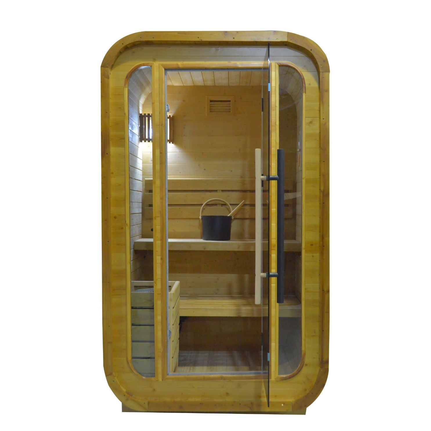 Indoor/outdoor sauna room by BEACON, LM-BR200TD model, featuring wooden panels and glass door for relaxing sauna experience.