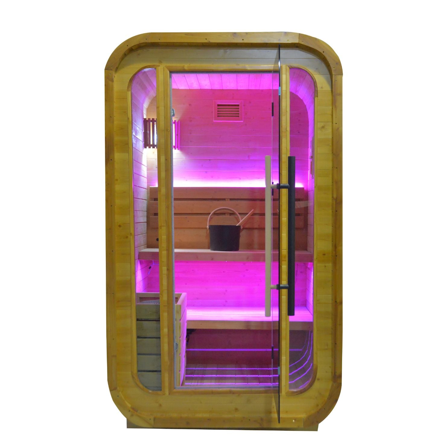 Indoor/outdoor sauna room by BEACON, LM-BR200TD model, featuring wooden panels and glass door for relaxing heat therapy.