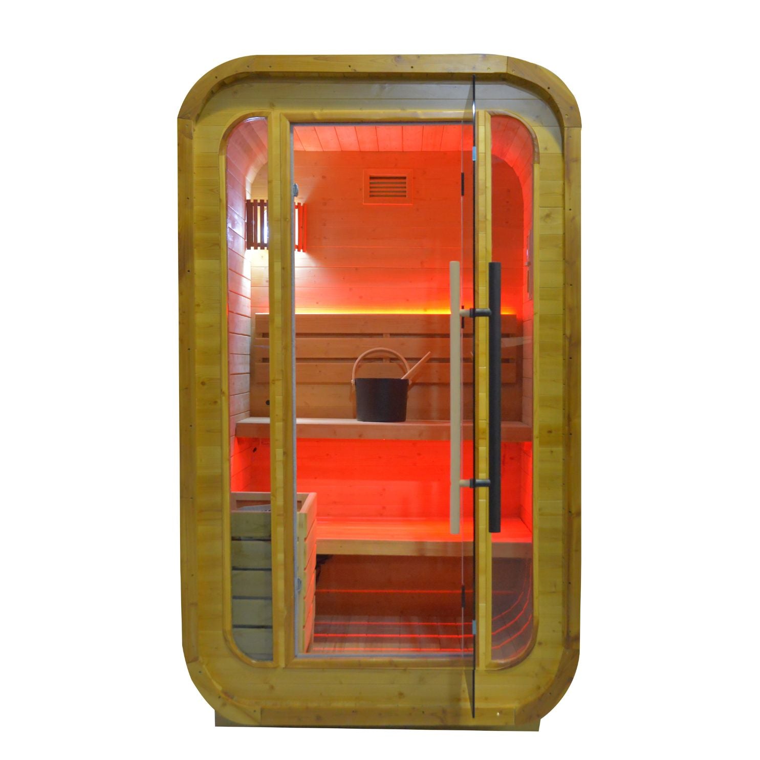 Indoor/outdoor Sauna Room by BEACON, model LM-BR200TD, with glass doors and wooden interior, ideal for relaxation and wellness.