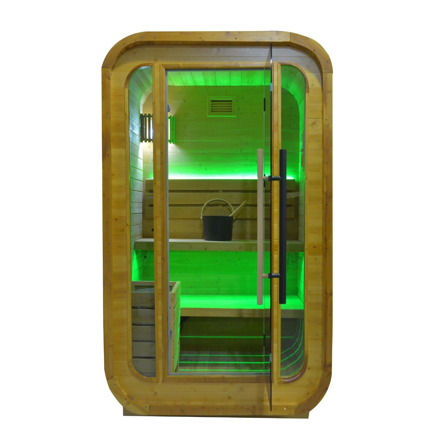 Indoor and outdoor sauna room by BEACON, LM-BR200TD model, featuring wooden panels and glass doors for relaxing heat therapy.