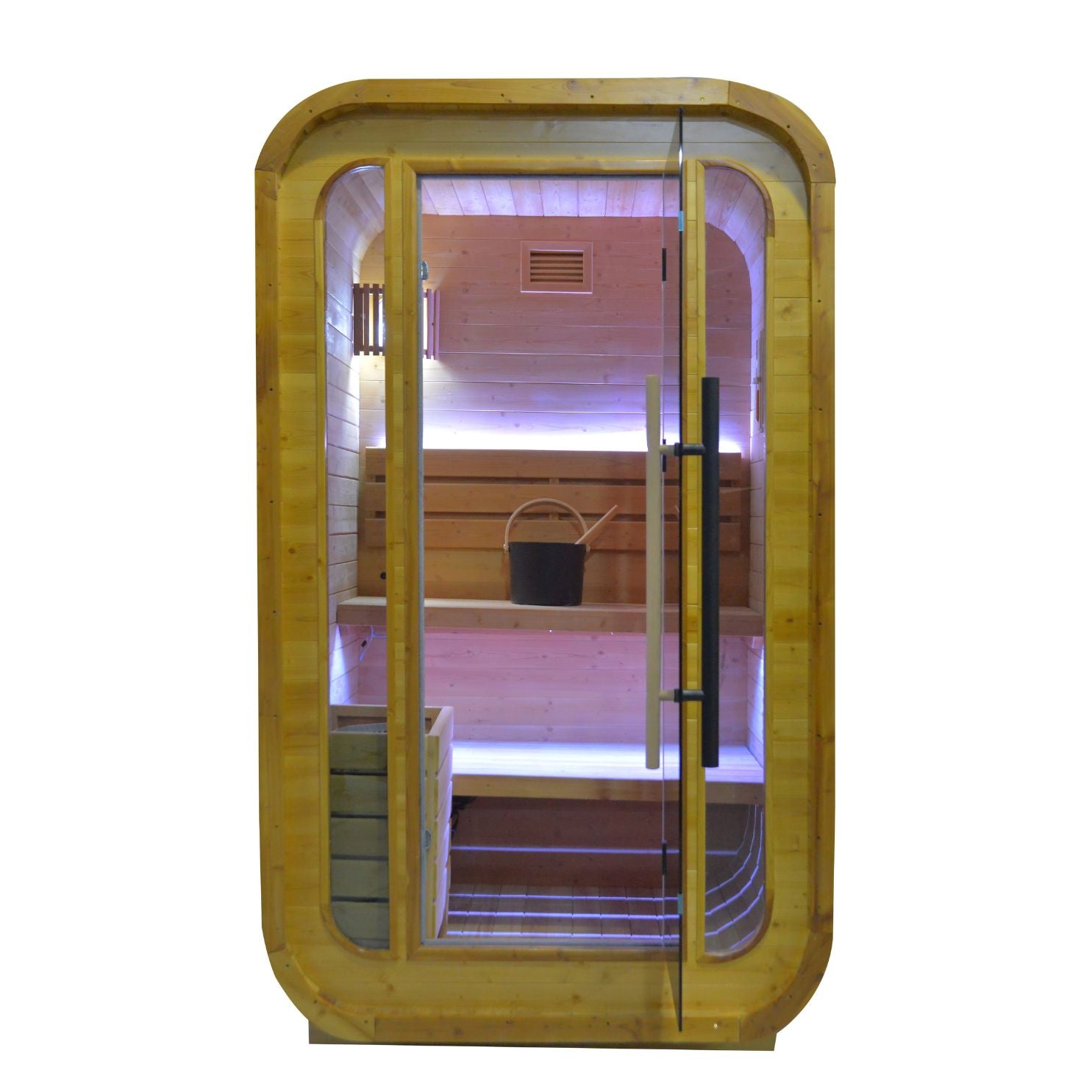 BEACON EBARZA indoor/outdoor sauna room LM-BR200TD, wooden interior with bench seating and glass door, designed for relaxing sauna sessions.