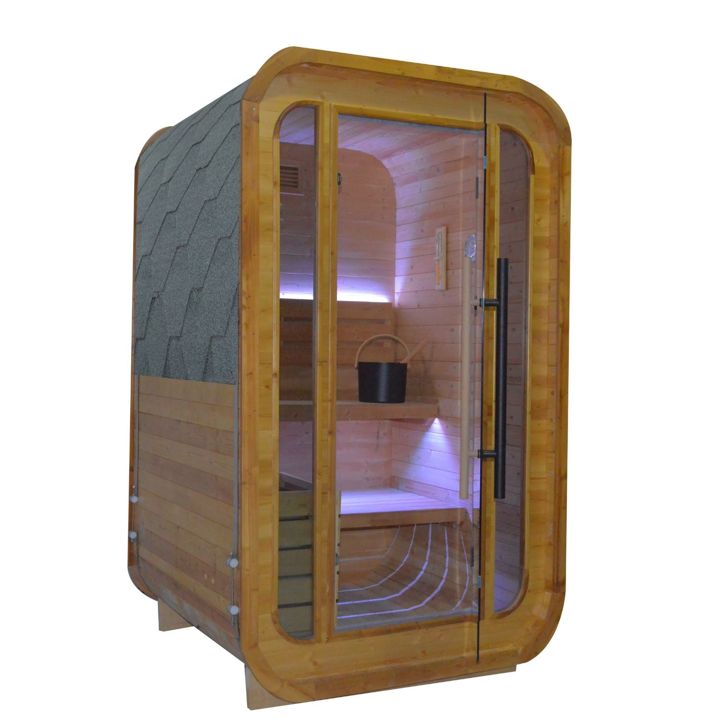 Indoor/outdoor sauna room by BEACON, model LM-BR200TD, featuring wooden interior and spacious design for relaxation.