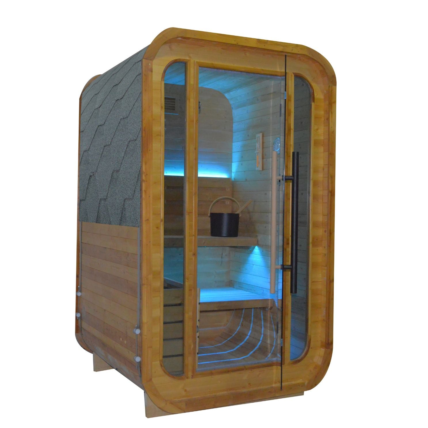 Indoor/outdoor sauna room by BEACON, model LM-BR200TD, featuring wooden panels and glass doors for relaxing sauna sessions.