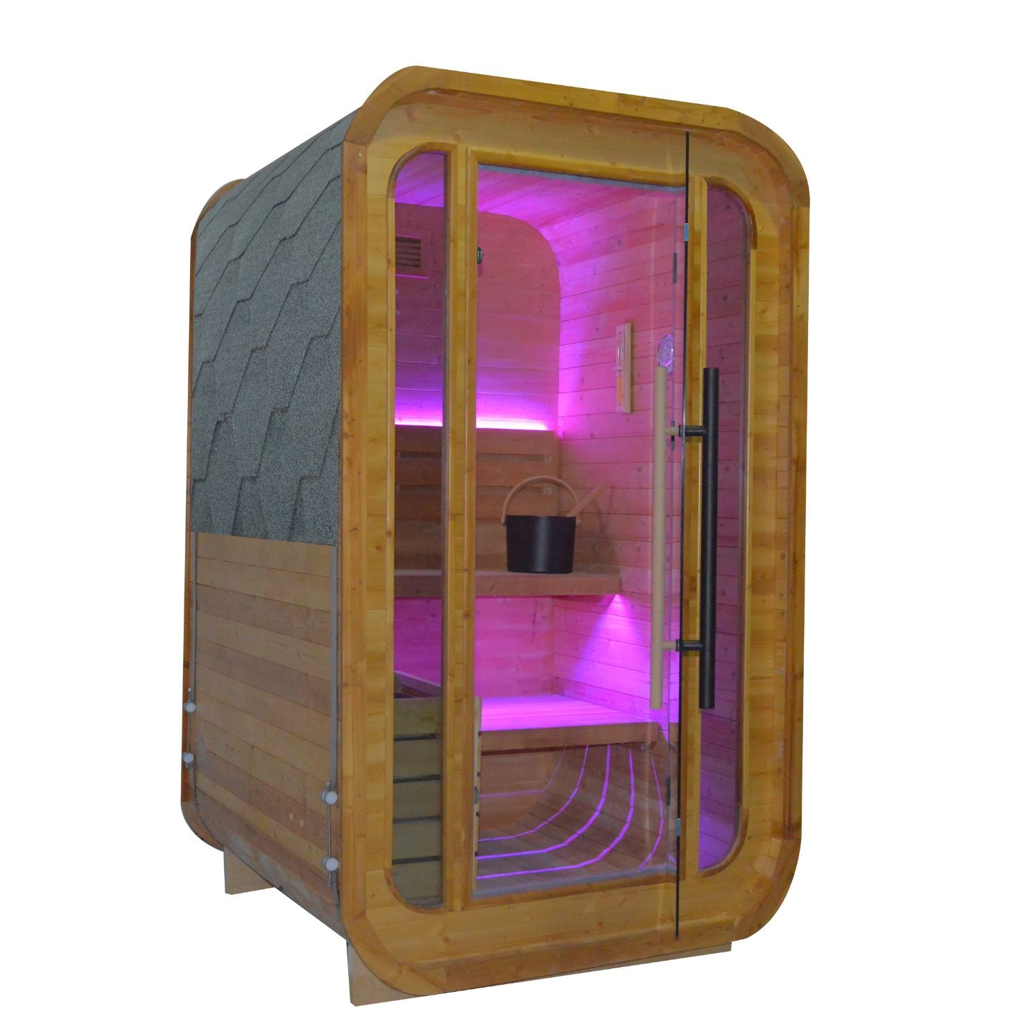 Indoor/outdoor sauna room by BEACON, model LM-BR200TD, featuring wooden benches and a glass door for relaxing sauna sessions.