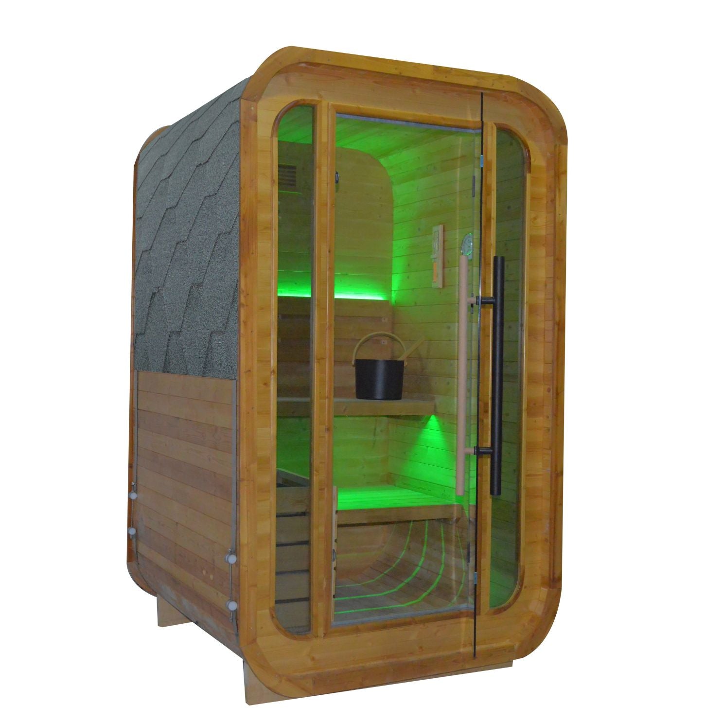 Indoor/outdoor BEACON EBARZA sauna room LM-BR200TD with wood interior and glass door for relaxing sauna sessions.