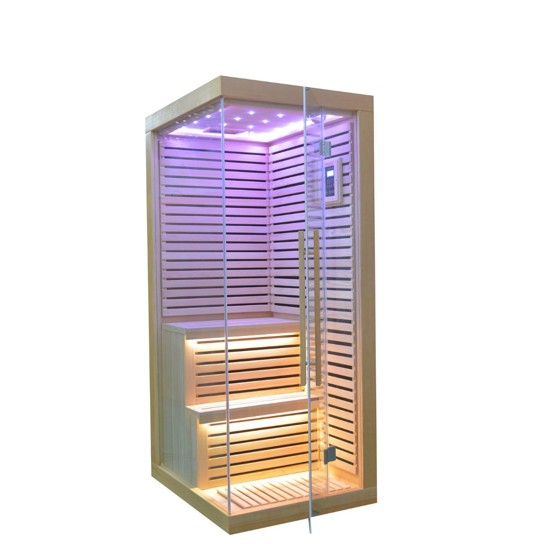 BEACON EBARZA SAUNA ROOM LM-N02IR, compact infrared sauna with wooden interior and control panel for relaxing heat therapy.