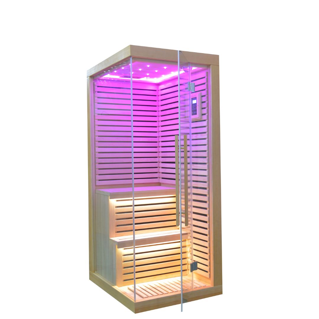 BEACON EBARZA Sauna Room LM-N02IR with glass door and wooden interior, designed for relaxing home sauna experiences.