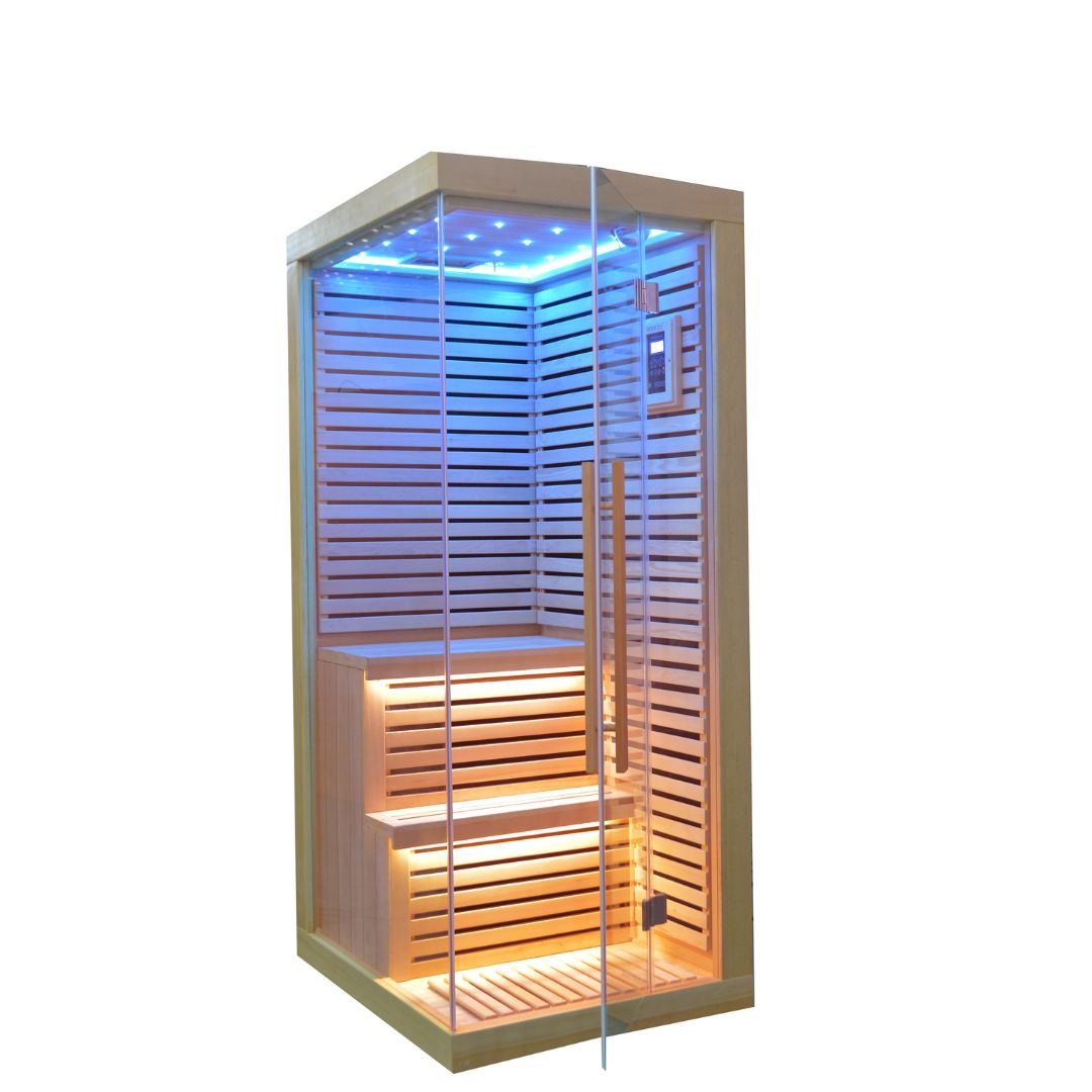 BEACON EBARZA Sauna Room LM-N02IR with glass panels and wood interior, designed for home relaxation and wellness.