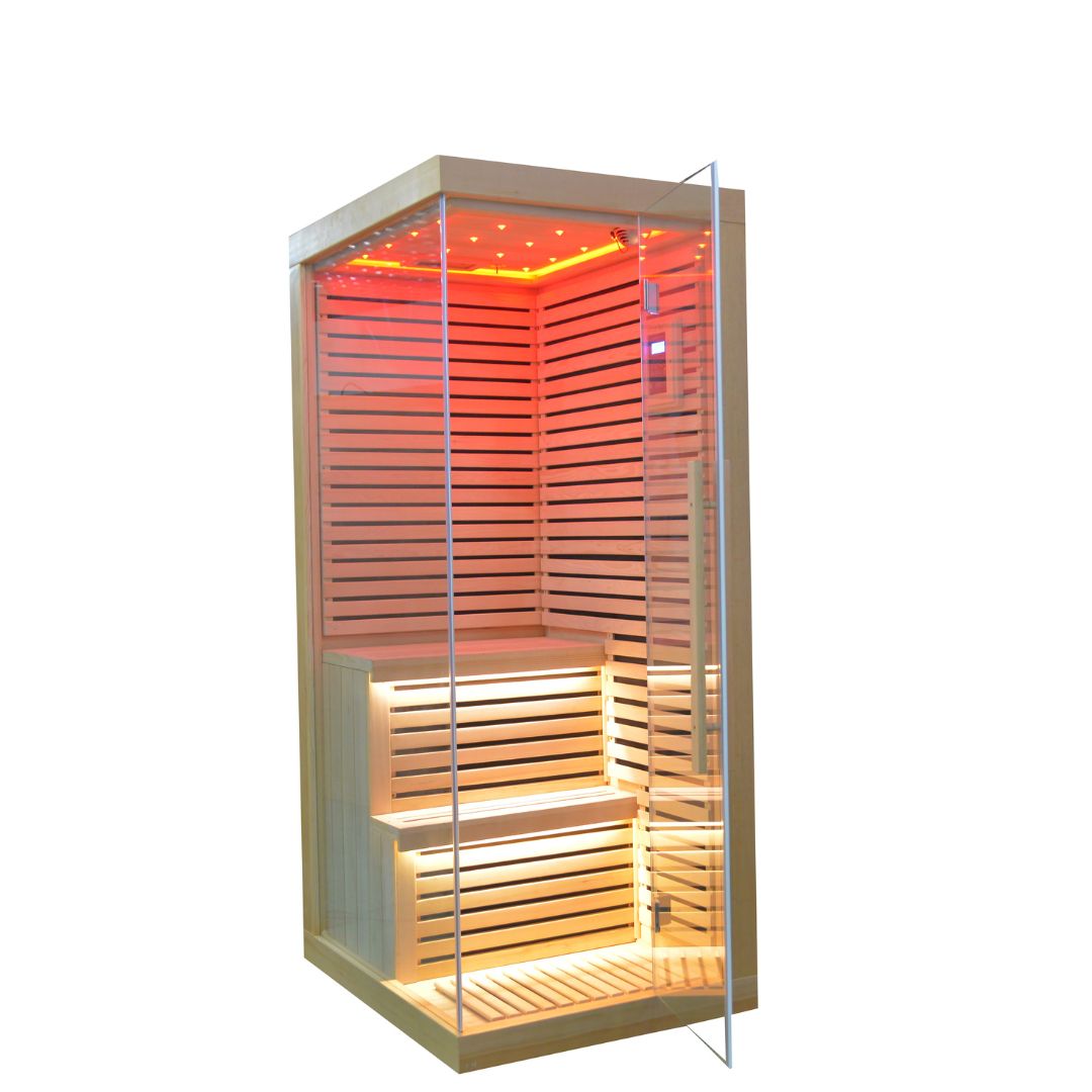 BEACON EBARZA SAUNA ROOM LM-N02IR featuring wooden interior and infrared panels for relaxing wellness therapy.