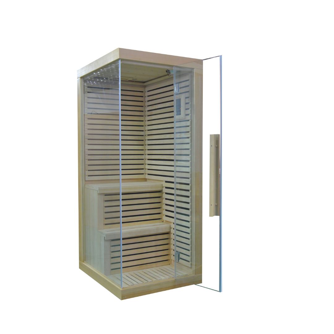 BEACON EBARZA Sauna Room LM-N02IR with glass panels and wooden interior for relaxing infrared therapy and wellness.