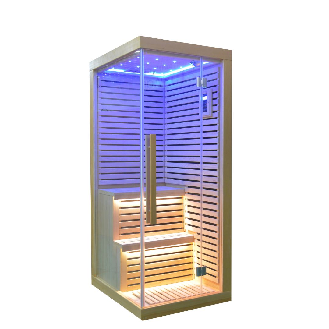 BEACON EBARZA SAUNA ROOM LM-N02IR, compact infrared sauna with glass doors and wooden interior for home relaxation.