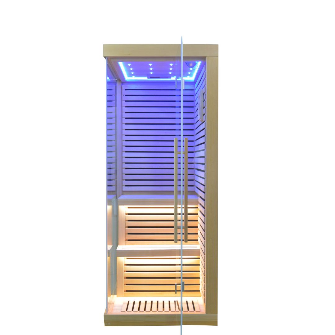 BEACON EBARZA SAUNA ROOM LM-N02IR with wooden interior and infrared panels for relaxing sauna experience.