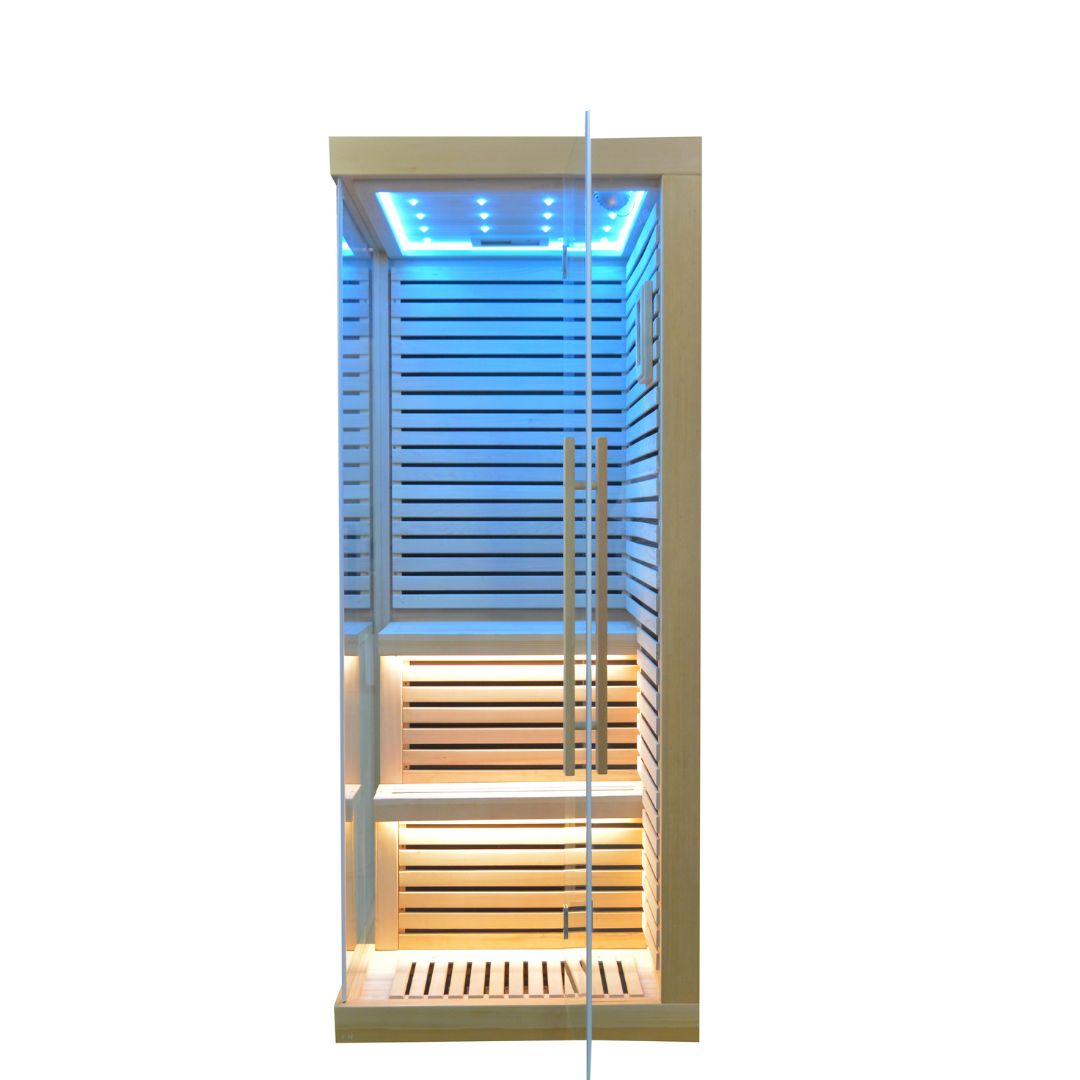 BEACON EBARZA SAUNA ROOM LM-N02IR with glass door, wooden interior, and infrared panels for relaxing sauna experience.