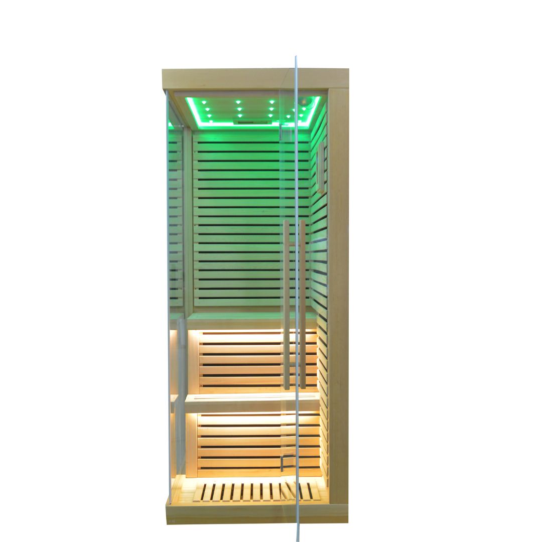 Ebarza Sauna Room LM-N02IR by Beacon, showcasing the interior with wooden benches and infrared heating panels.