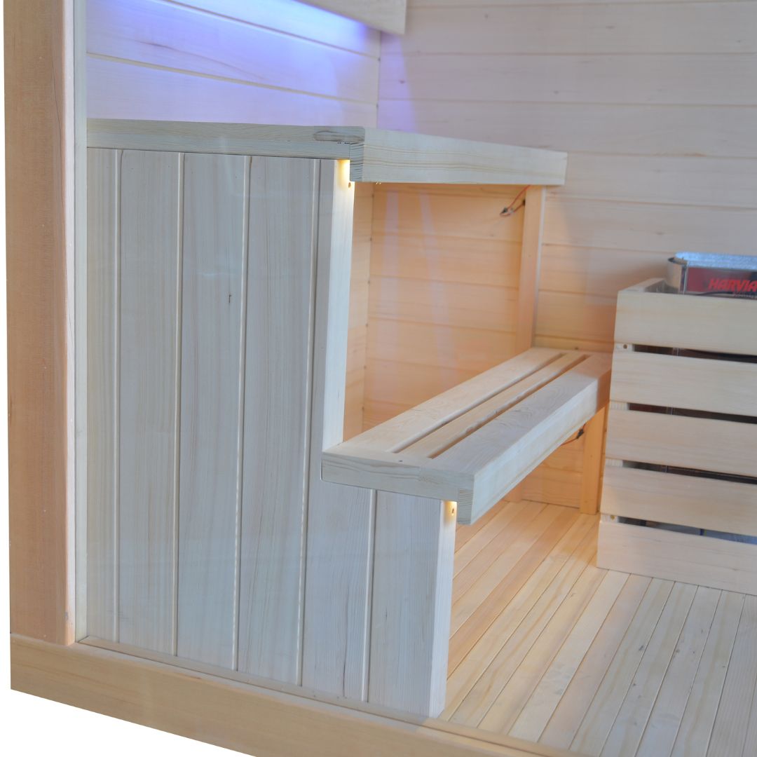 BEACON EBARZA sauna room LM-N02IR with glass panels and wooden interior for relaxing spa experiences.