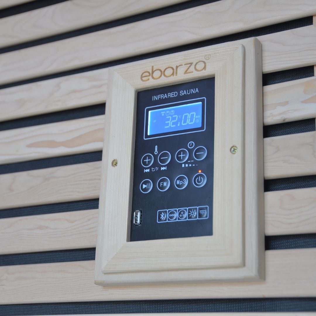 BEACON EBARZA SAUNA ROOM LM-N02IR with glass panels and wooden interior for relaxing infrared sauna sessions.