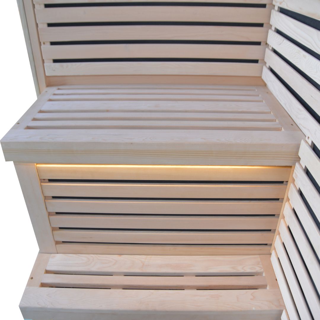 BEACON EBARZA Sauna Room LM-N02IR with infrared panels, wooden interior, and digital control panel for relaxing heat therapy.