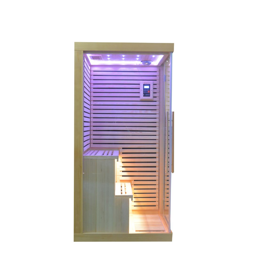 BEACON EBARZA sauna room LM-N02IR with wooden interior, LED lighting, and glass doors for relaxing spa experience