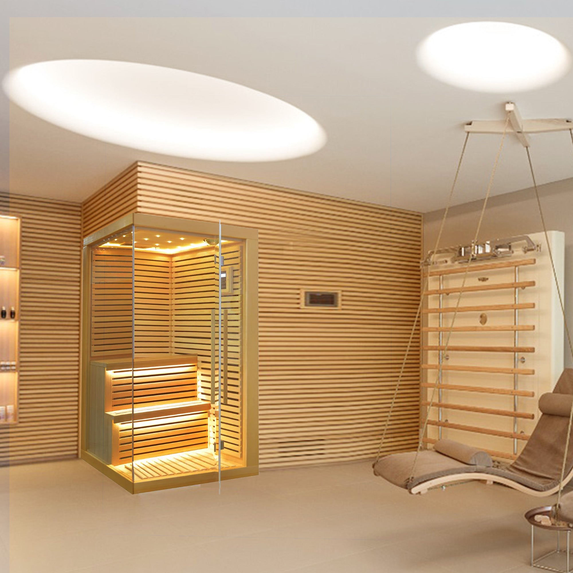 BEACON EBARZA LM-N02IR sauna room with glass walls and wooden interior, designed for home relaxation and sauna sessions.