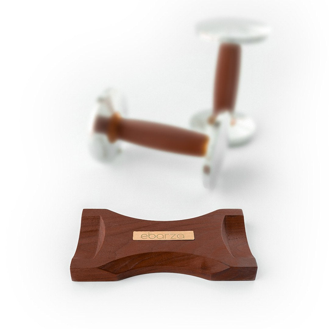 Stainless steel and walnut dumbbell tray for 1-5kg free weights, designed for BEACON weight storage racks.