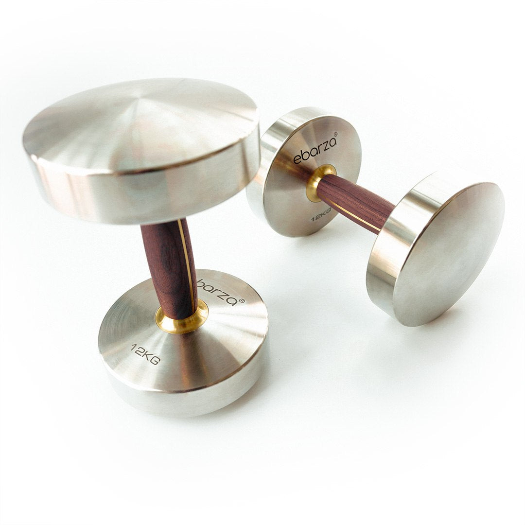 Ebarza 12kg stainless steel and walnut wood dumbbell for strength training, featuring sleek design and ergonomic handles.