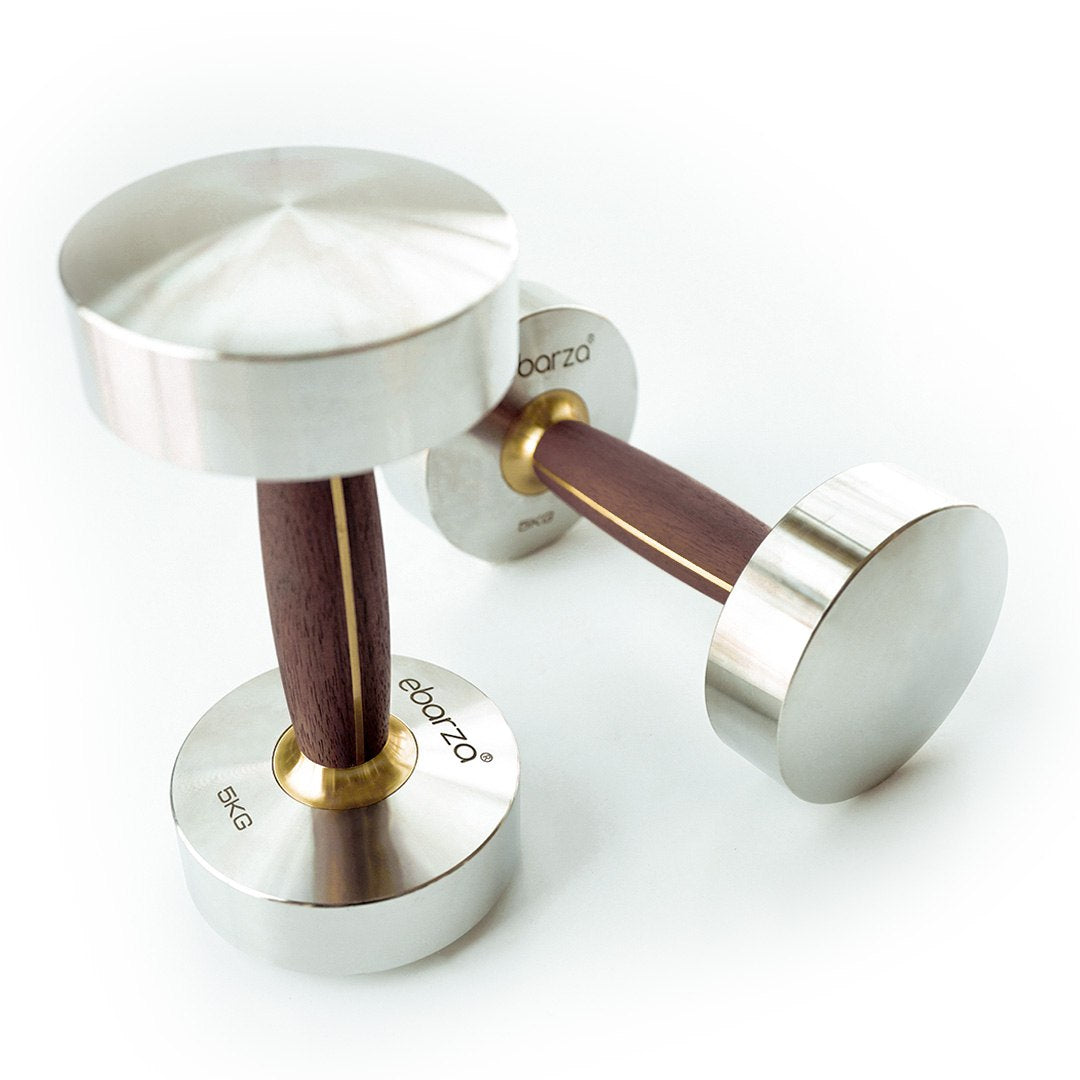 Stainless steel and walnut wood dumbbell by Ebarza, 5kg, with sleek design, suitable for home workouts and fitness routines.
