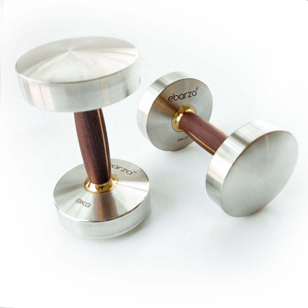 Ebarza stainless steel and walnut wood 8kg dumbbell by BEACON, featuring sleek metal and wood design for home fitness.