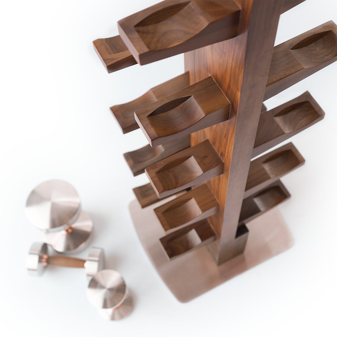 Stainless steel and walnut wood dumbbell tray by BEACON, heavy-duty free weight storage rack for gym or home fitness space.