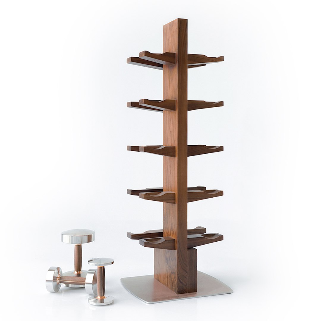 Stainless steel and walnut wood dumbbell tray by Ebarza, designed for heavy free weight storage, with a sleek modern look.