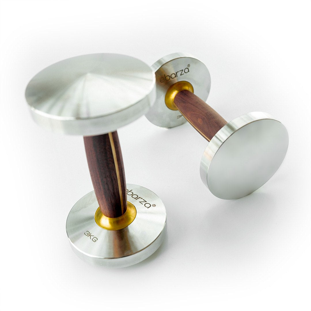 Stainless walnut 3kg dumbbell from Ebarza, made by BEACON, featuring a sleek wooden finish and compact design for home workouts