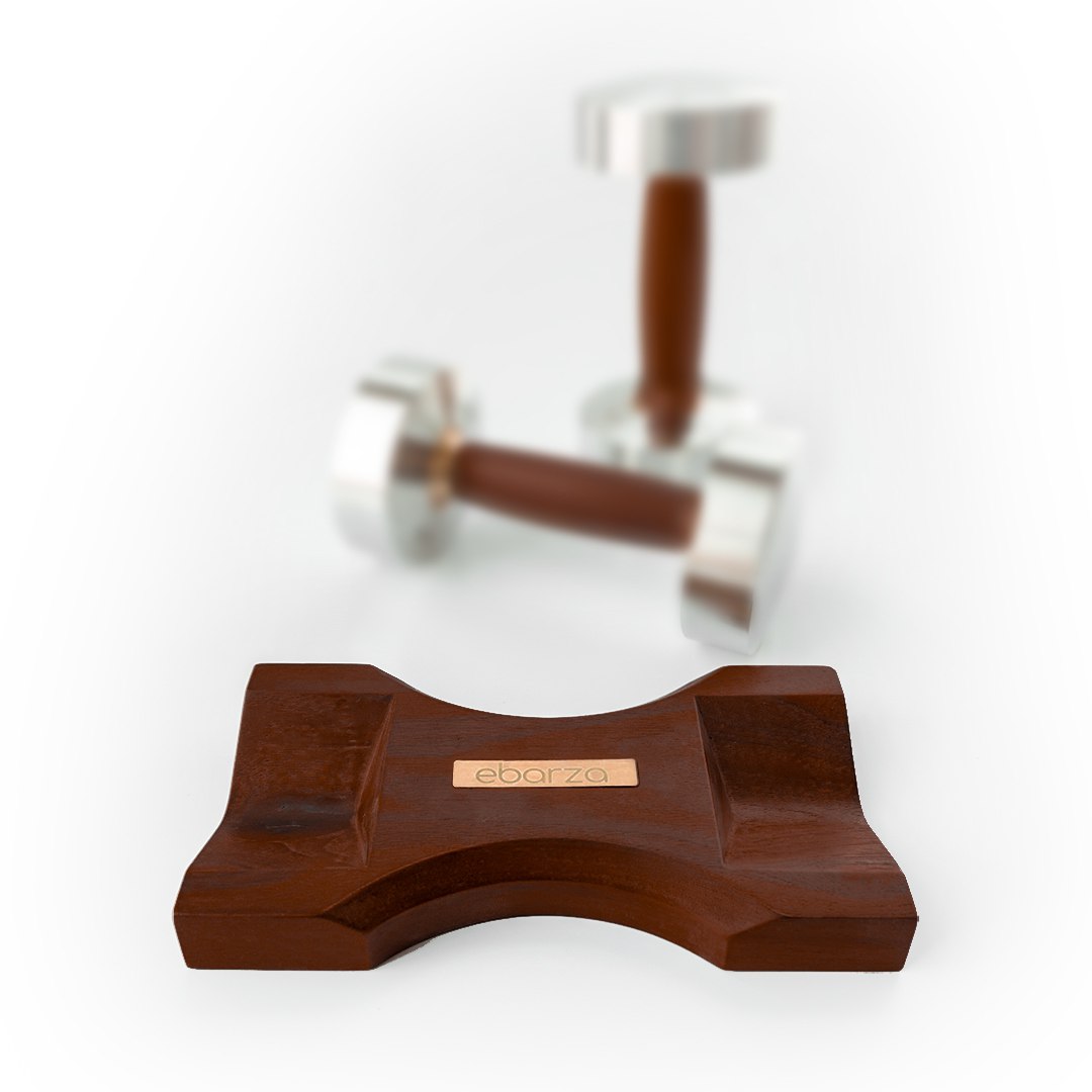 Ebarza stainless walnut dumbbell tray for 1-16kg free weights, designed for organized gym storage and home fitness spaces.