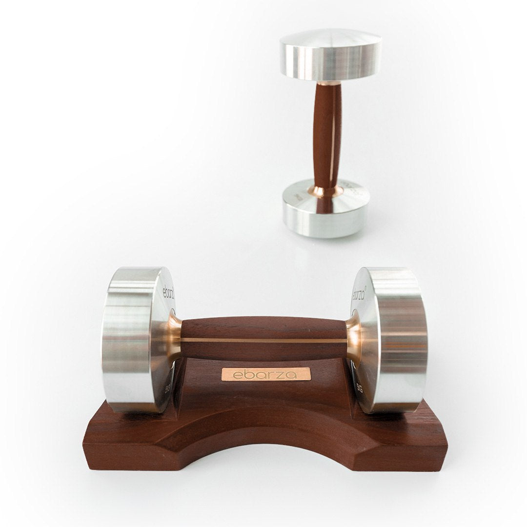 Ebarza stainless walnut dumbbell tray for 1-16kg free weights, designed for organized home gym storage.