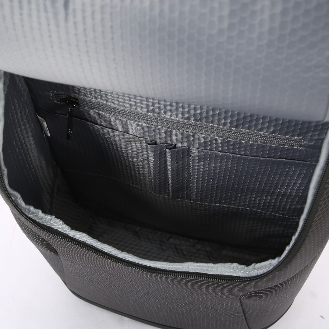 Ebarza travelling backpack by Beacon, a durable black bag with multiple compartments and adjustable straps for travel and daily use.