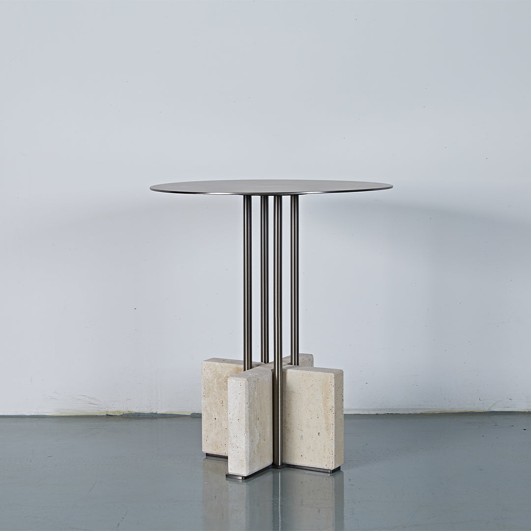 Elysian Travertine Side Table by BEACON, featuring a sleek design with elegant travertine surface and sturdy legs.