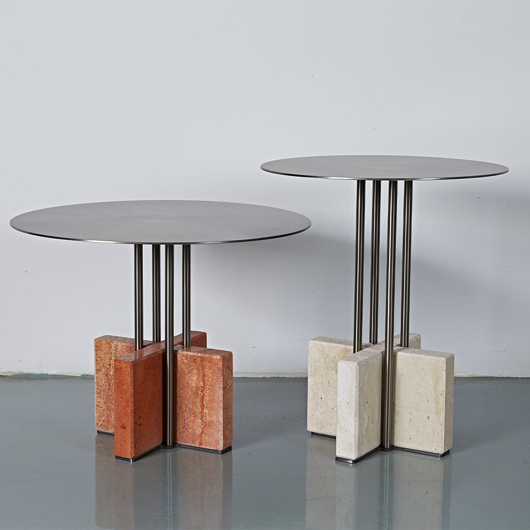 Elysian Travertine Side Table by BEACON featuring a sleek design with a travertine top and modern wooden legs.