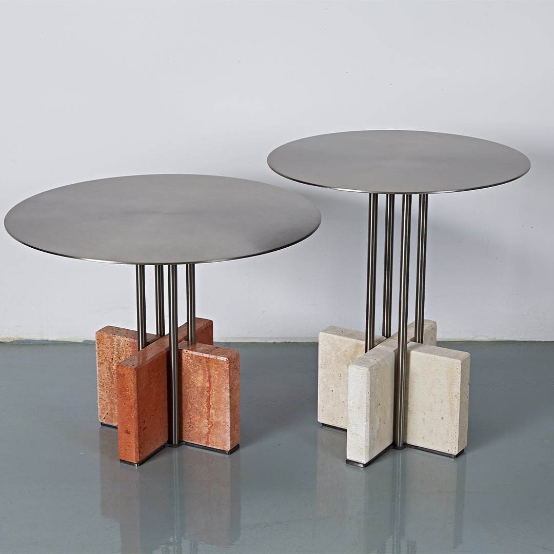 Elysian Travertine Side Table by BEACON, featuring a sleek design with natural travertine surface and modern metal legs.