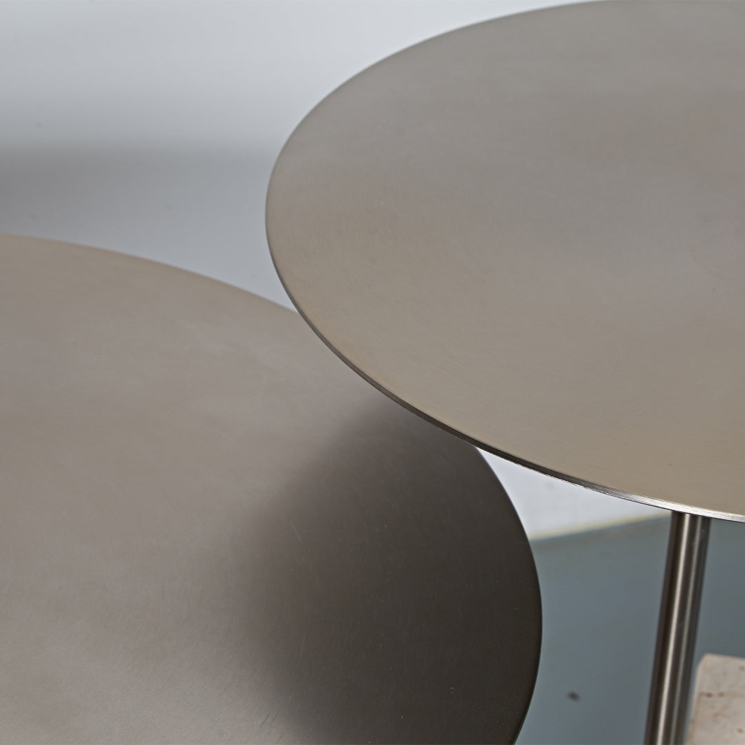 Elysian Travertine Side Table by BEACON with a sleek, modern design and natural stone surface, perfect for living room decor.
