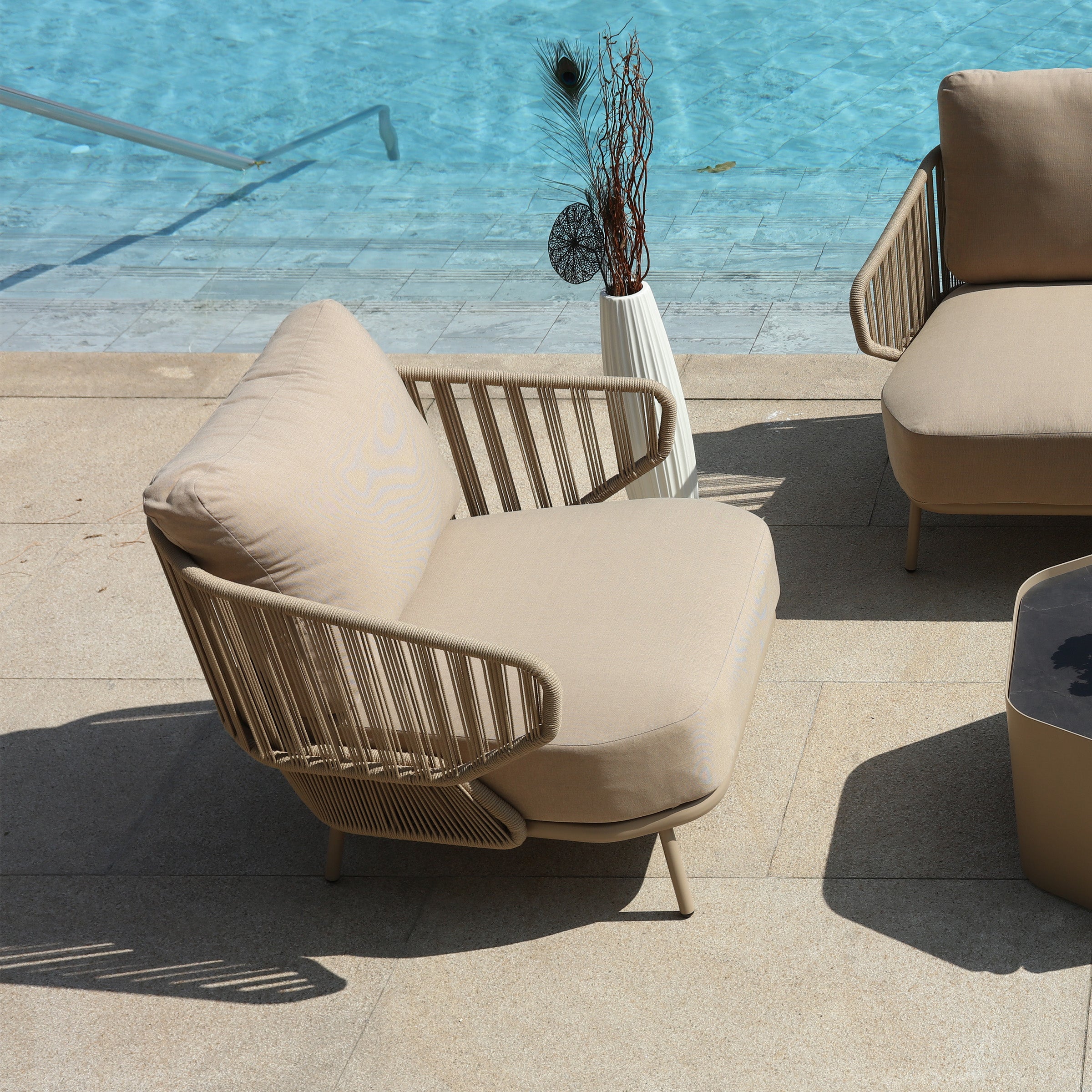BEACON outdoor Embrace armchair from MYX-SOFA030 series, featuring a stylish, comfortable outdoor chair with woven design and plush cushions.