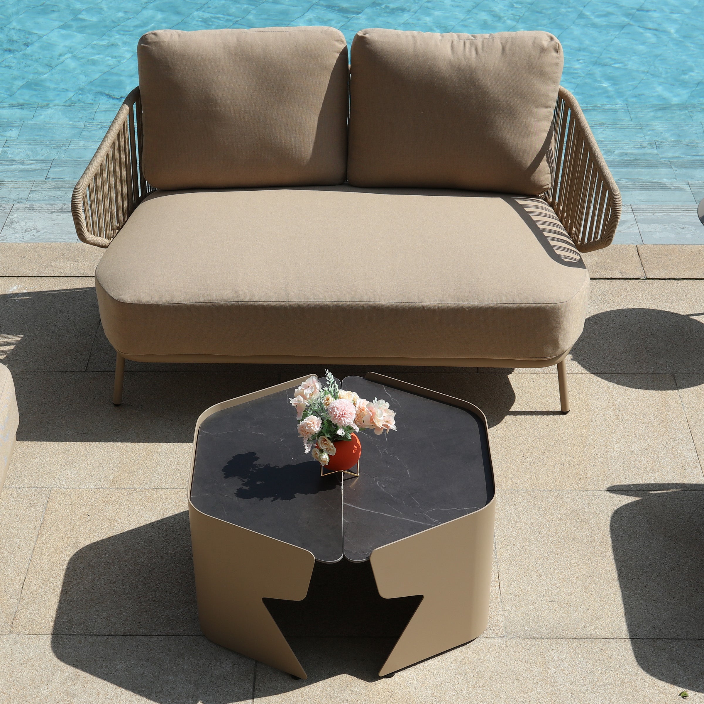 Outdoor BEACON Embrace Love 2-Seat Sofa, stylish outdoor sofa with comfortable cushions and modern design.